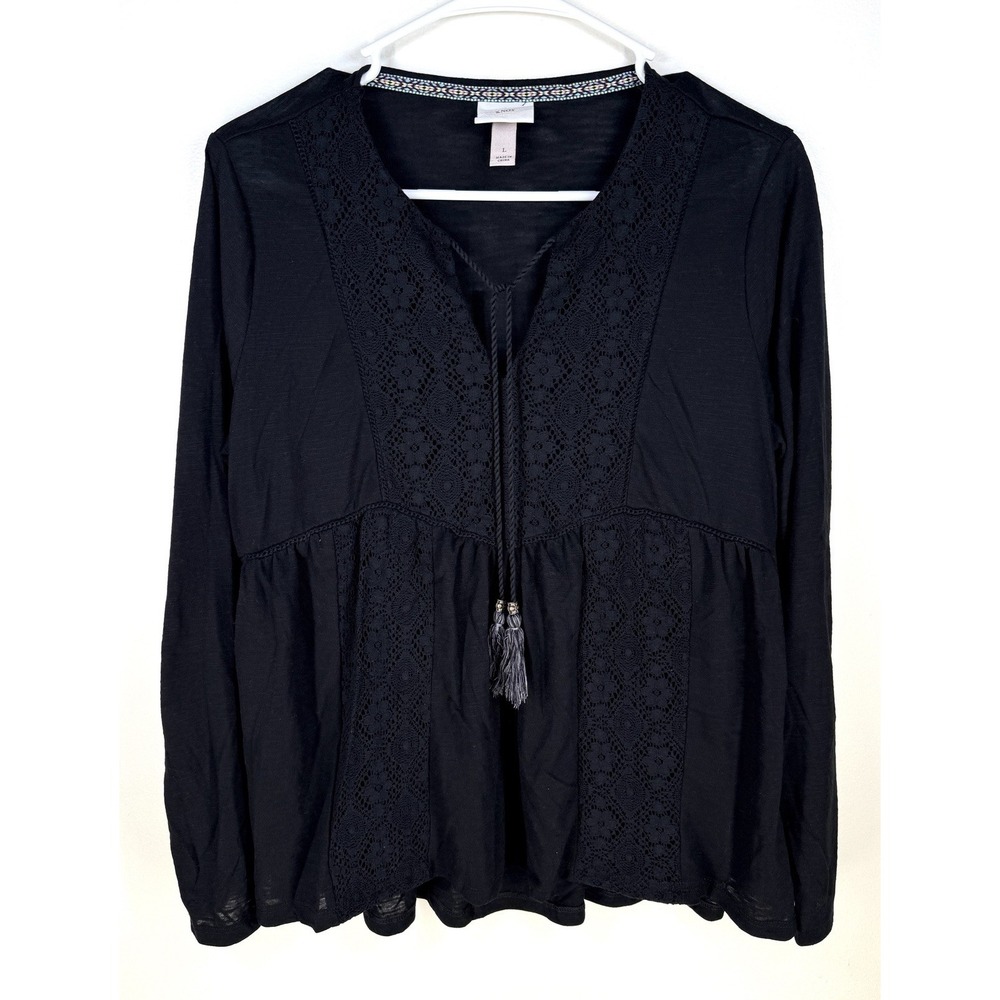 knox rose top Black Lace Peasant Blouse V-neck Tie Long Sleeve Ruffle Boho Large
